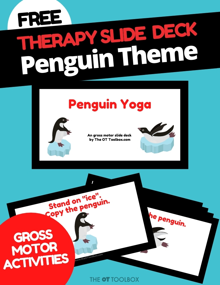 Pingüino Yoga motor grueso cubierta de diapositivas para la teleterapia o el cerebro se rompe.