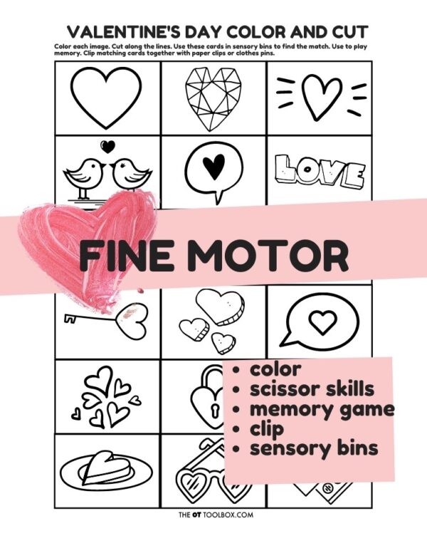 Valentines Day memory cards, color and cut activity and fine motor sheet