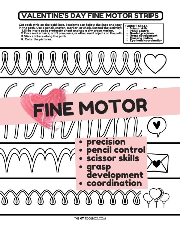 Valentines day pencil control strips and fine motor skill building activity