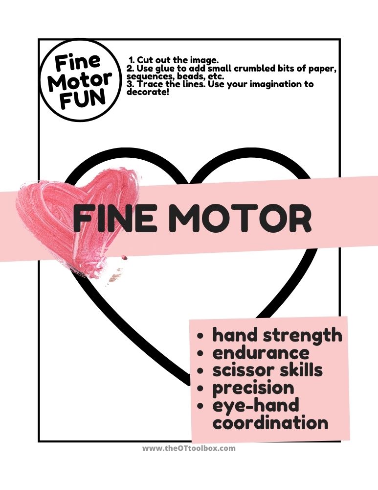 heart and Valentine themed fine motor page to use in crumble art crafts