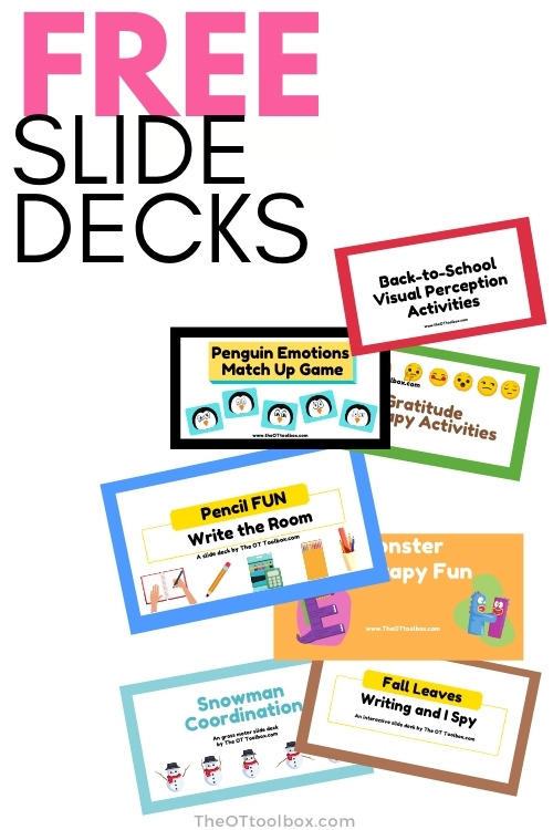 Use these free Google slide decks for occupational therapy teletherapy sessions. Includes gross motor slide decks for physical therapy.