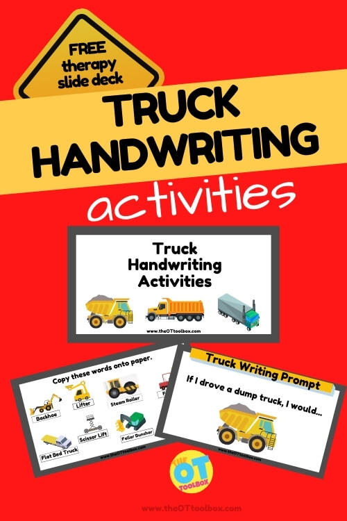 Actividades de escritura de camiones y sugerencias de escritura de camiones en un paquete de diapositivas de terapia gratuito para enseñar la escritura a mano de forma virtual.