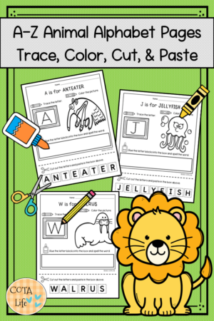A-Z Animal Alphabet Activity Workbook - Trace, Color, Cut and Paste
