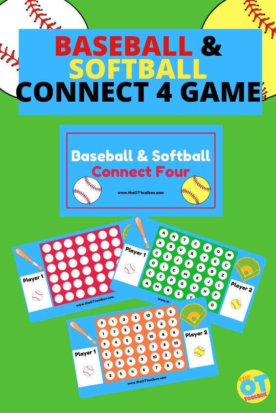 Fun baseball and softball activity is a free slide deck for therapy that addresses handwriting skills, with an interactive Connect 4 game.