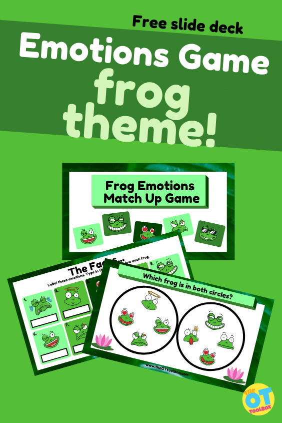 Emotions game with a frog theme. This free therapy slide deck is a fun social emotional learning game for kids.