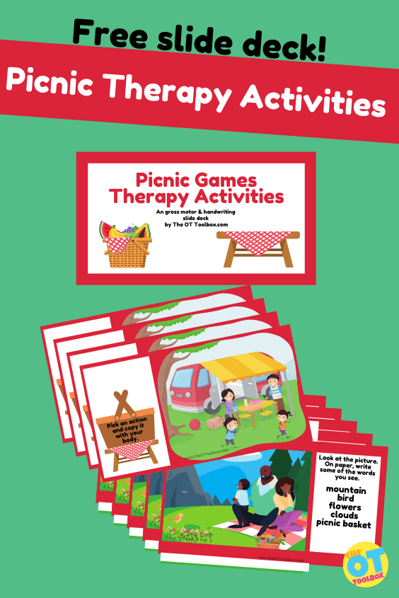Virtual picnic therapy activities for building gross motor skills and handwriting activities in therapy sessions or home therapy programs.