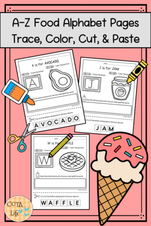 A-Z Food Alphabet Activity Workbook - Trace, Color, Cut and Paste