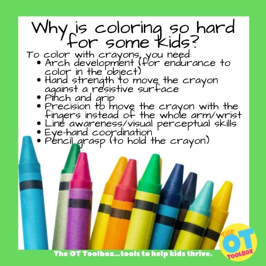 Coloring is hard for kids for many reasons. Here are underlying skills needed for coloring.
