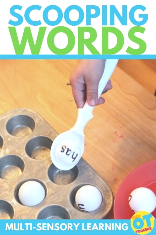 Scoop words for a multi-sensory learning activity that uses scooping and pouring in kindergarten.