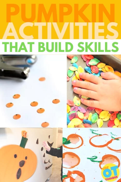 These pumpkin activities build fine motor skills, gross motor, sensory, visual, and learning skills. Add to a pumpkin lesson plan in therapy, the classroom, or home.