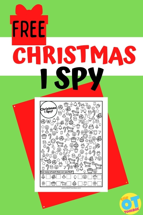 ¡Utiliza esta hoja de trabajo imprimible de Navidad I Spy para una actividad de fiesta o en actividades de terapia ocupacional de Navidad!