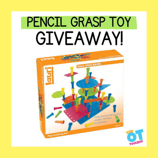 peg board building toy with text reading " pencil grasp toy"