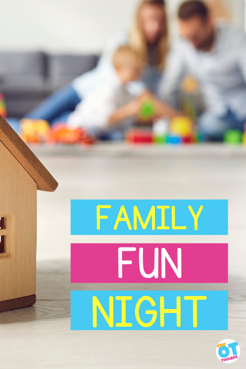 Family playing with blocks on the floor. Text reads family fun night