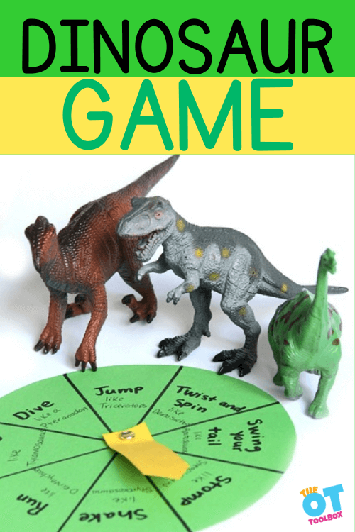 toy dinosaurs beside game spinner. Text reads "dinosaur game"