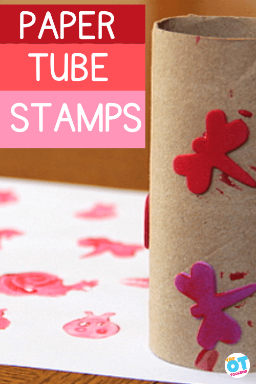 Toilet paper tube with foam stickers and paper with stamps Text reads Paper Tube Stamps