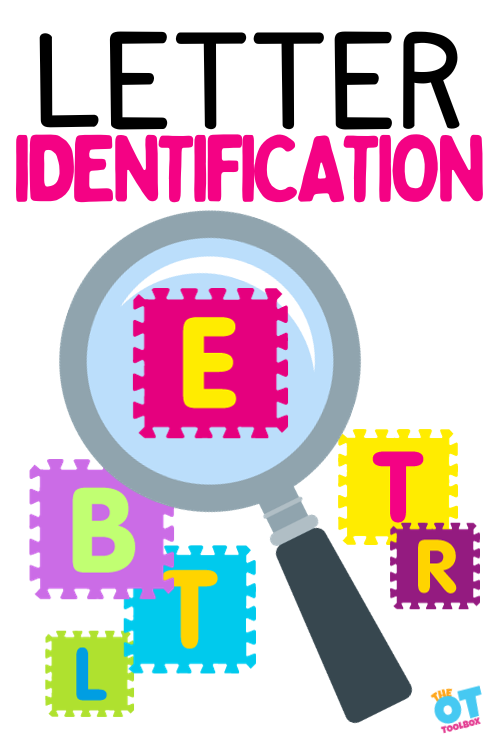 Letter puzzle pieces and a magnifying glass focusing on letter E. Text reads "letter identification"