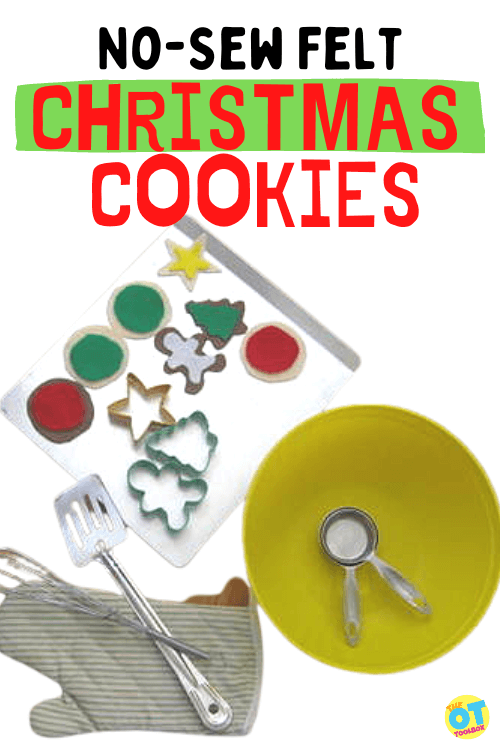 felt Christmas cookies on a cookie tray with kitchen utensils