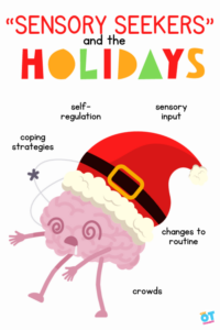Graphic showing a stressed brain wearing a Santa hat. Text says "Sensory Seekers and the Holidays" with words like self-regulation, sensory input, coping strategies, changes to routine, and crowds.
