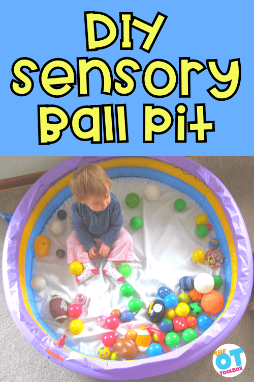 Baby sitting in a baby pool in the living room, without water and the pool is full of ball pit balls. Text reads DIY sensory ball pit
