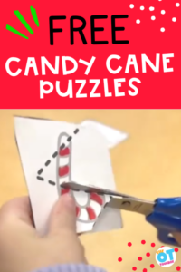 Child cutting a candy cane puzzle with text reading "free candy cane puzzles"