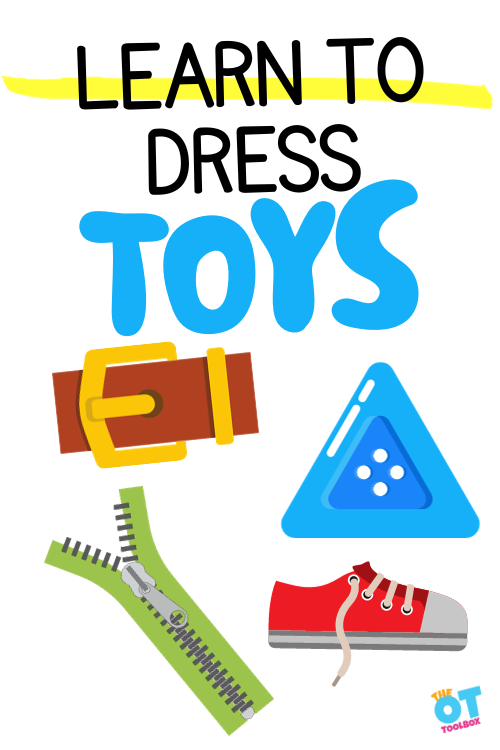 images of clothing fasteners- buckle, button, zipper, shoe with shoe laces, and text that reads "learn to dress toys"