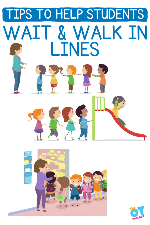 Students waiting in line behind a teacher, students waiting for a turn on the slide, students walking in a line into a classroom. Text reads "tips to help students wait and walk in lines"