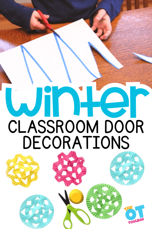 Classroom Door Winter Decorations with winter crafts include paper icicles or colorful paper snowflakes.