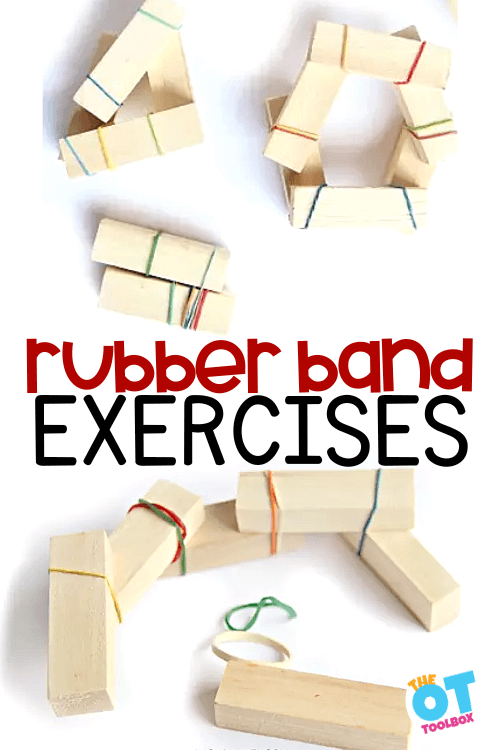 Rubber band exercises using Jenga blocks with rubber bands wrapped around them to create block structures. 