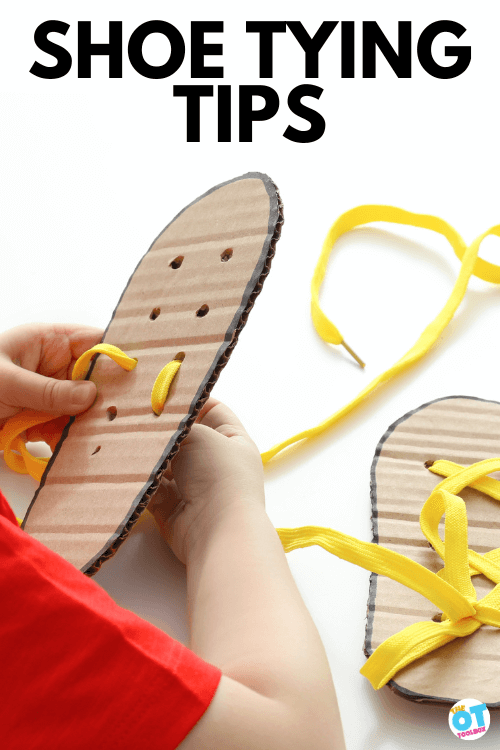 shoe tying tips with cardboard shoes and child lacing through the holes of the cardboard