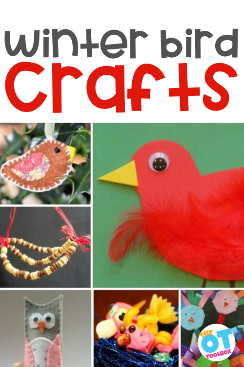 winter bird crafts including Cheerio bird feeder, cardinal craft, bird puppets, text reads "winter bird crafts"