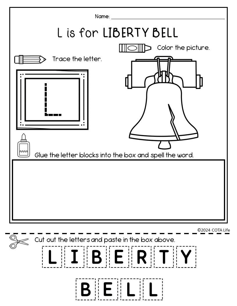 A-Z July 4th Alphabet Activity Pages - Trace, Color, Cut & Paste - Image 3