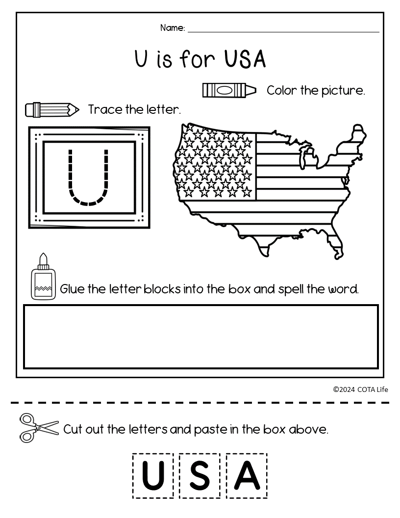 A-Z July 4th Alphabet Activity Pages - Trace, Color, Cut & Paste - Image 4