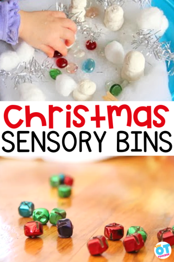 Winter sensory bin with child's hand, and jingle bells on a floor. Text reads "Christmas Sensory Bins"