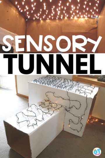 Christmas light tunnel is a sensory tunnel made with a cardboard box and lights