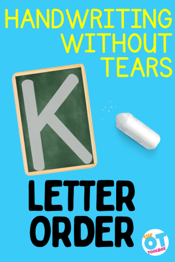 "Handwriting Without Tears letter order" with letter K on a chalkboard and a small piece of chalk