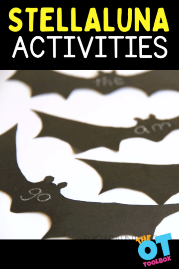 Bats cut from construction paper with sight words written in chalk. Text reads "stellaluna activities"