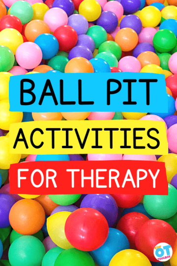 Colorful plastic ball pit balls with words reading Ball Pit Activities for Therapy