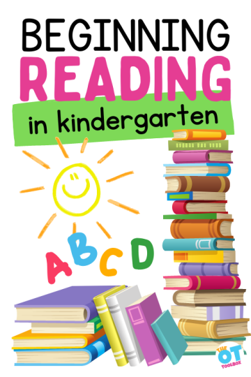 Stack of books, letters ABCD, and drawing of a sun. Text reads "beginning reading for kindergarten"