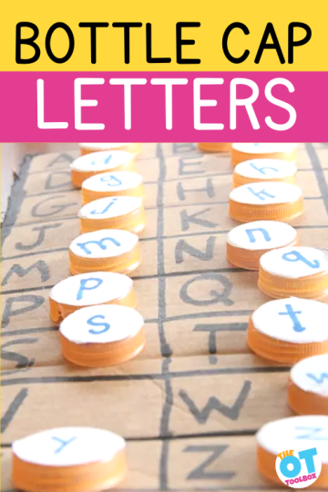 Bottle caps with lowercase letters on them sitting on each letter of the uppercase alphabet Text reads bottle cap letters