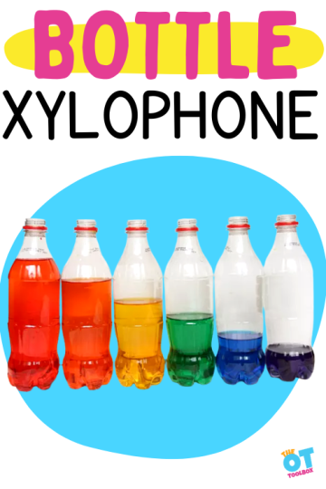 Plastic bottles filled with water at different levels with colorful water in rainbow order. Text reads "bottle xylophone"