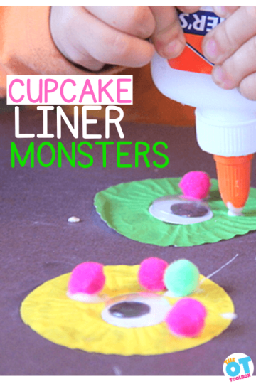 monster craft made from cupcake liners, googly eyes, and craft pom poms. Hands squeezing glue to add craft items to cupcake liner
