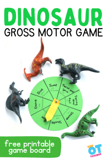 dinosaur game spinner and toy dinosaurs on white background with text that says "dinosaur gross motor game"
