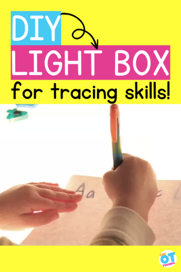 Child tracing letters with a pen on a light table. Text reads DIY light table for tracing