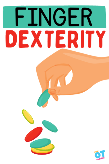 Hand holding coins by the fingertips and dropping one at a time into a stack of coins. Text reads "finger dexterity"