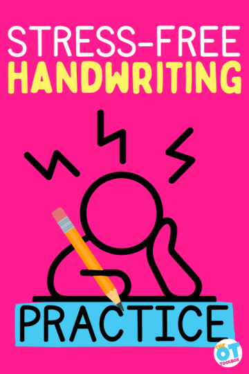outline of slouched child holding a pencil with upset lines coming from head. Text reads "stress free handwriting practice"