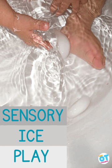 Child's feet and hands in a bathtub with water and ice as the child grasps ice cube. Text reads Sensory ice play