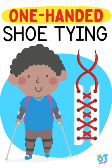 Special needs child with braces and shoe laces. Text reads "One handed shoe tying"