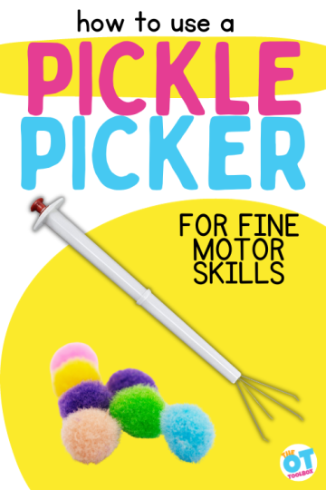 pickle picker and craft pom poms Text reads "pickle picker for fine motor skills"