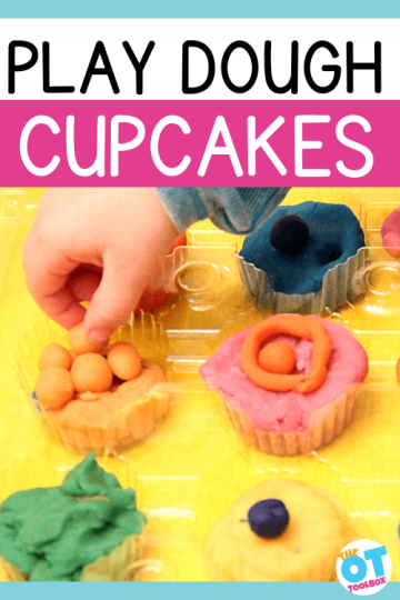 play dough cupcakes in a plastic cupcake holder. Text reads play dough cupcakes