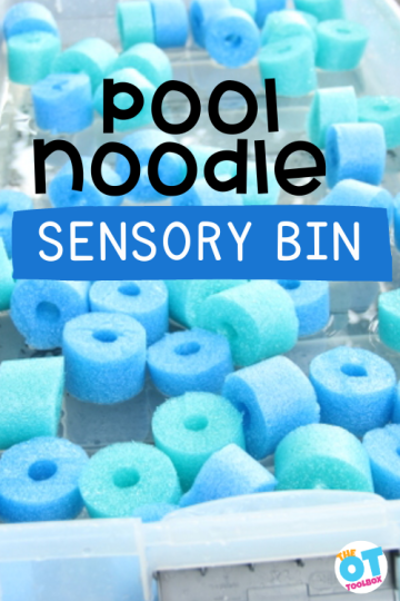 Pool noodles cut into pieces and used as a sensory bin filler. Text reads Pool Noodle Sensory Bin